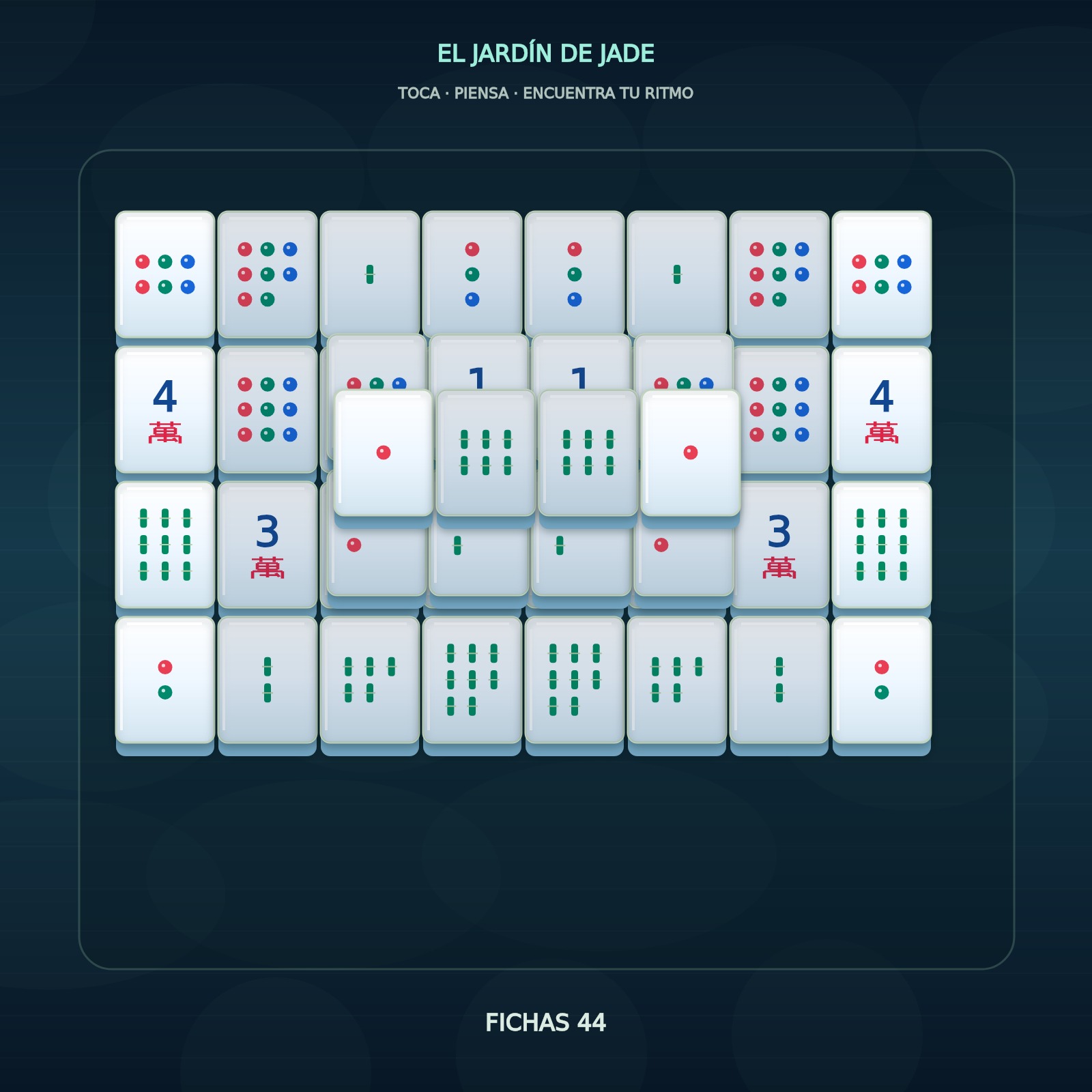 Ivory Mahjong tiles in a layered jade-green garden